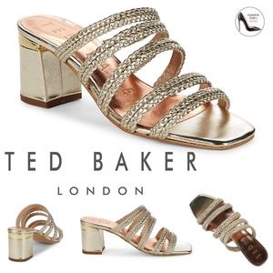 Ted Baker Emalia Gold Leather Slides Braided Straps Sandals Block Heel Mule Pump